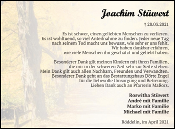 Traueranzeige von Joachim Stüwert von Templiner Zeitung