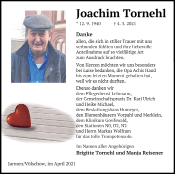 Traueranzeige von Joachim Tornehl von Vorpommern Kurier