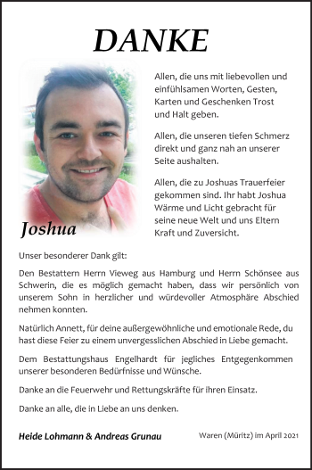 Traueranzeige von Joshua  von Müritz-Zeitung
