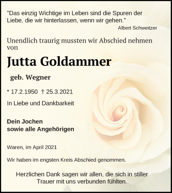 Traueranzeige von Jutta Goldammer von Müritz-Zeitung