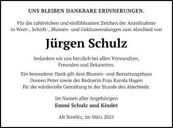 Traueranzeige von Jürgen Schulz von Strelitzer Zeitung