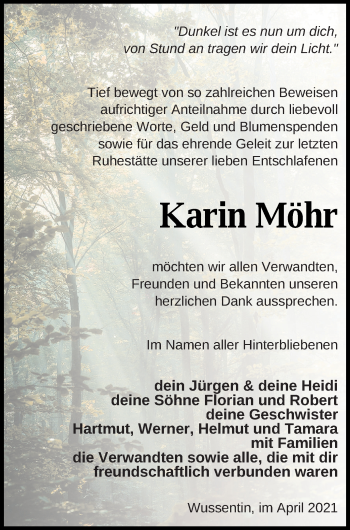 Traueranzeige von Karin Möhr von Vorpommern Kurier