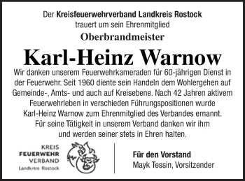 Traueranzeige von Karl-Heinz Warnow von Mecklenburger Schweiz