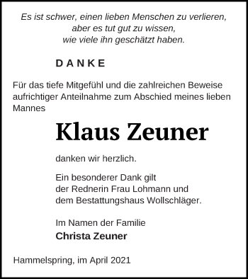 Traueranzeige von Klasu Zeuner von Prenzlauer Zeitung