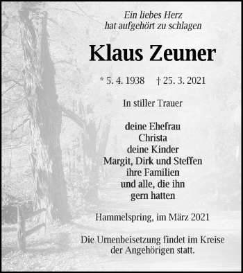 Traueranzeige von Klaus Zeuner von Templiner Zeitung