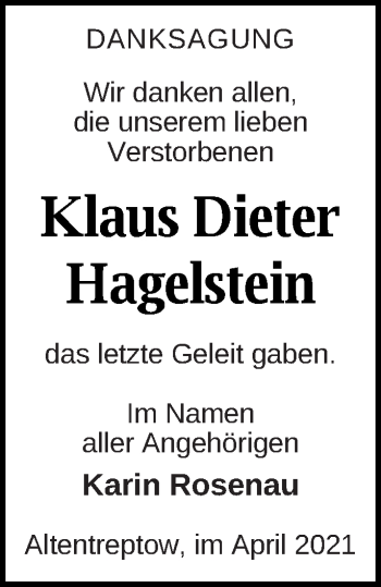 Traueranzeige von Klaus Dieter Hagelstein von Neubrandenburger Zeitung