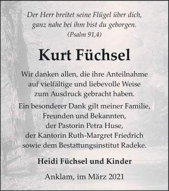 Traueranzeige von Kurt Füchsel von Vorpommern Kurier