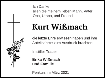 Traueranzeige von Kurt Wißmach von Pasewalker Zeitung