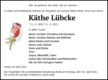 Traueranzeige von Käthe Lübcke von Strelitzer Zeitung