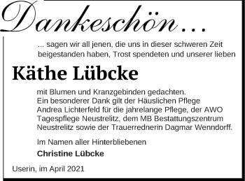 Traueranzeige von Käthe Lübcke von Strelitzer Zeitung