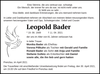 Traueranzeige von Leopold Bader von Prenzlauer Zeitung