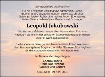 Traueranzeige von Leopold Jakubowski von Mecklenburger Schweiz