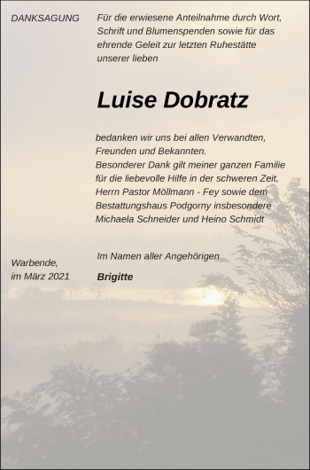 Traueranzeige von Luise Dobratz von Strelitzer Zeitung