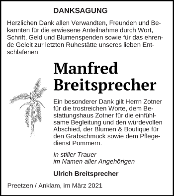 Traueranzeige von Manfred Breitsprecher von Vorpommern Kurier