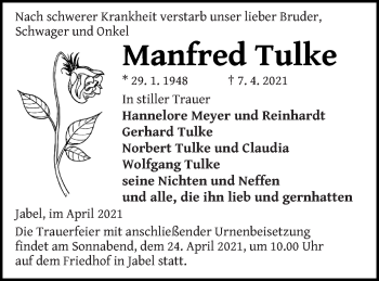 Traueranzeige von Manfred Tulke von Müritz-Zeitung