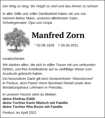 Traueranzeige von Manfred Zorn von Pasewalker Zeitung