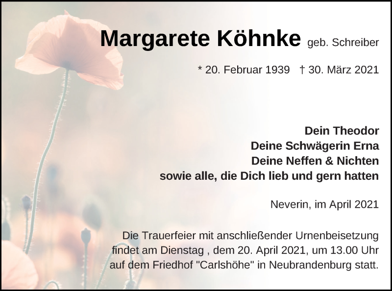  Traueranzeige für Margarete Köhnke vom 10.04.2021 aus Neubrandenburger Zeitung