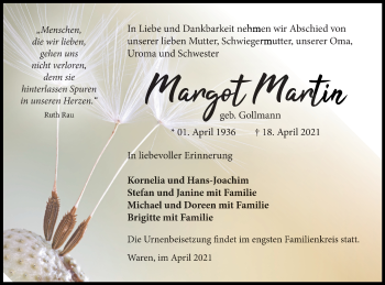Traueranzeige von Margot Martin von Müritz-Zeitung
