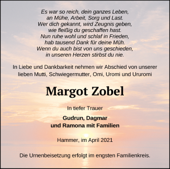 Traueranzeige von Margot Zobel von Haff-Zeitung