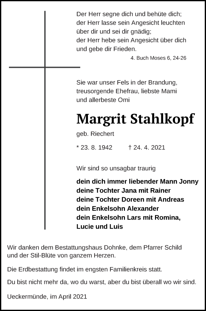  Traueranzeige für Margrit Stahlkopf vom 30.04.2021 aus Haff-Zeitung