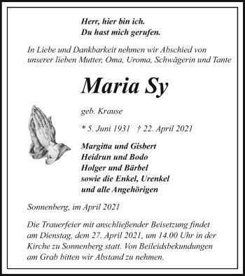 Traueranzeige von Maria Sy von Pasewalker Zeitung