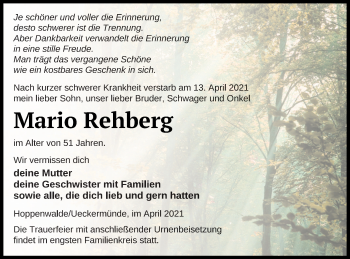 Traueranzeige von Mario Rehberg von Haff-Zeitung