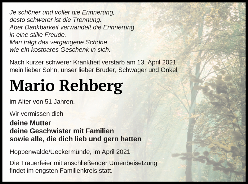  Traueranzeige für Mario Rehberg vom 17.04.2021 aus Haff-Zeitung