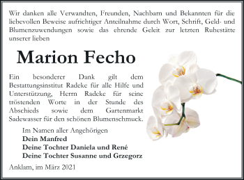 Traueranzeige von Marion Fecho von Vorpommern Kurier