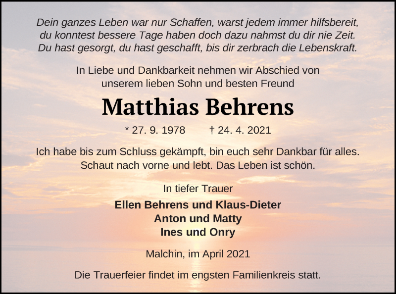  Traueranzeige für Matthias Behrens vom 30.04.2021 aus Mecklenburger Schweiz