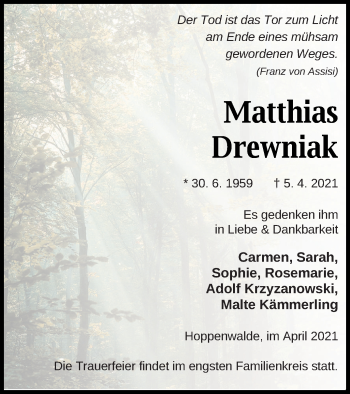 Traueranzeige von Matthias Drewniak von Haff-Zeitung