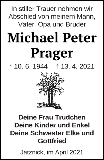 Traueranzeige von Michael Peter Prager von Pasewalker Zeitung