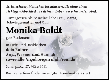 Traueranzeige von Monika Boldt von Mecklenburger Schweiz