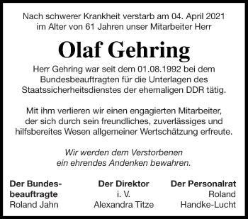 Traueranzeige von Olaf Gehring von Neubrandenburger Zeitung