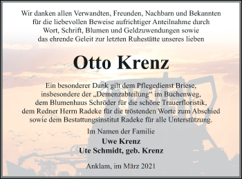 Traueranzeige von Otto Krenz von Vorpommern Kurier