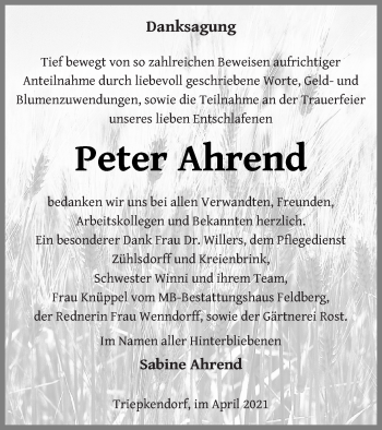 Traueranzeige von Peter Ahrend von Strelitzer Zeitung