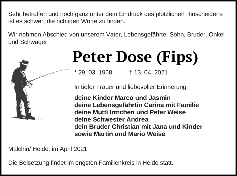  Traueranzeige für Peter Dose vom 23.04.2021 aus Mecklenburger Schweiz