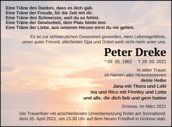 Traueranzeige von Peter Dreke von Prenzlauer Zeitung