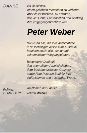 Traueranzeige von Peter Weber von Pasewalker Zeitung