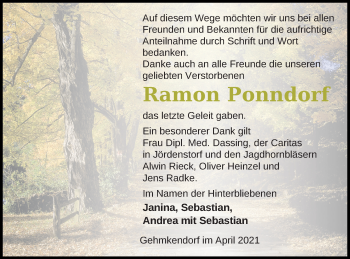 Traueranzeige von Ramon Ponndorf von Mecklenburger Schweiz