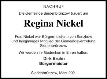 Traueranzeige von Regina Nickel von Demminer Zeitung