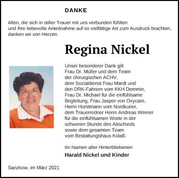 Traueranzeige von Regina Nickel von Demminer Zeitung