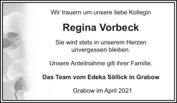 Traueranzeige von Regina Vorbeck von Ludwigsluster Tageblatt