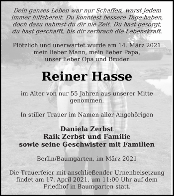 Traueranzeige von Reiner Hasse von Prenzlauer Zeitung