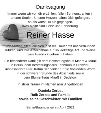 Traueranzeige von Reiner Hasse von Prenzlauer Zeitung