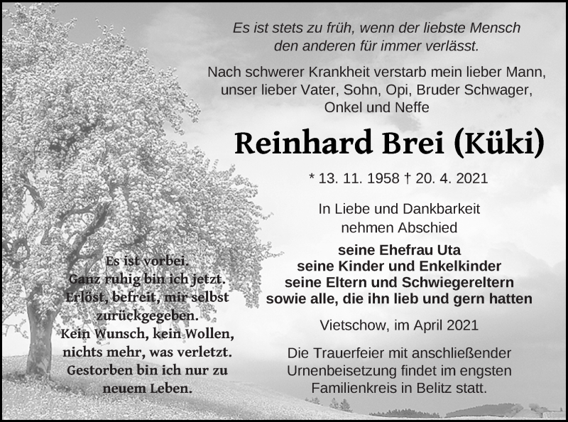  Traueranzeige für Reinhard Brei vom 23.04.2021 aus Mecklenburger Schweiz