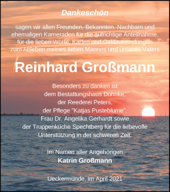 Traueranzeige von Reinhard Großmann von Haff-Zeitung