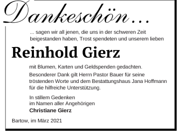 Traueranzeige von Reinhold Gierz von Neubrandenburger Zeitung