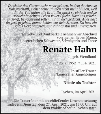 Traueranzeige von Renate Hahn von Templiner Zeitung