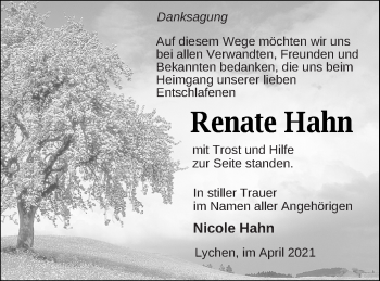 Traueranzeige von Renate Hahn von Templiner Zeitung