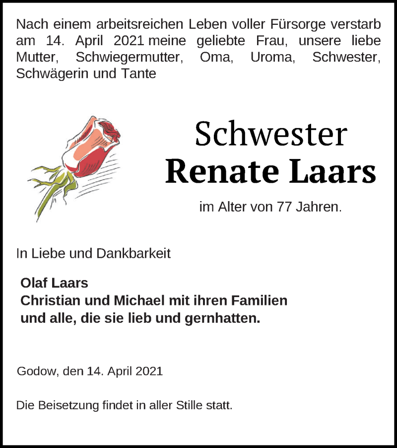  Traueranzeige für Renate Laars vom 17.04.2021 aus Müritz-Zeitung